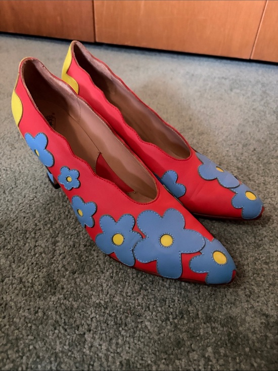 John Fluevog Shoes - John Fluevog Poser Blaise Red Pumps with Blue Floral Appliqués and Yellow Accent
